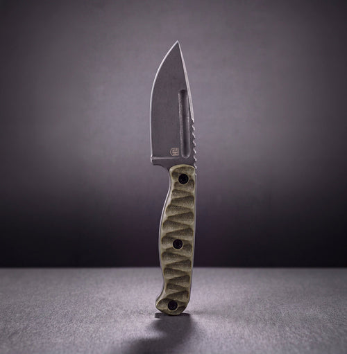 Blue Ridge Scout fixed blade with OD green G10 handle scales, stonewash finish